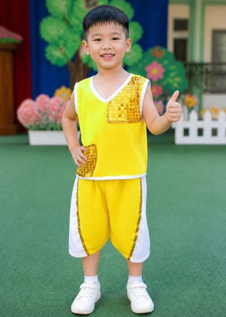 đồ nhảy cổ động mầm non nam vàng phối kim sa