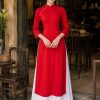 Shop cho thuê đồ áo dài lụa đỏ phối quần váy trắng