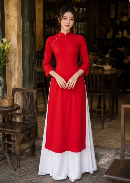 Shop cho thuê đồ áo dài lụa đỏ phối quần váy trắng