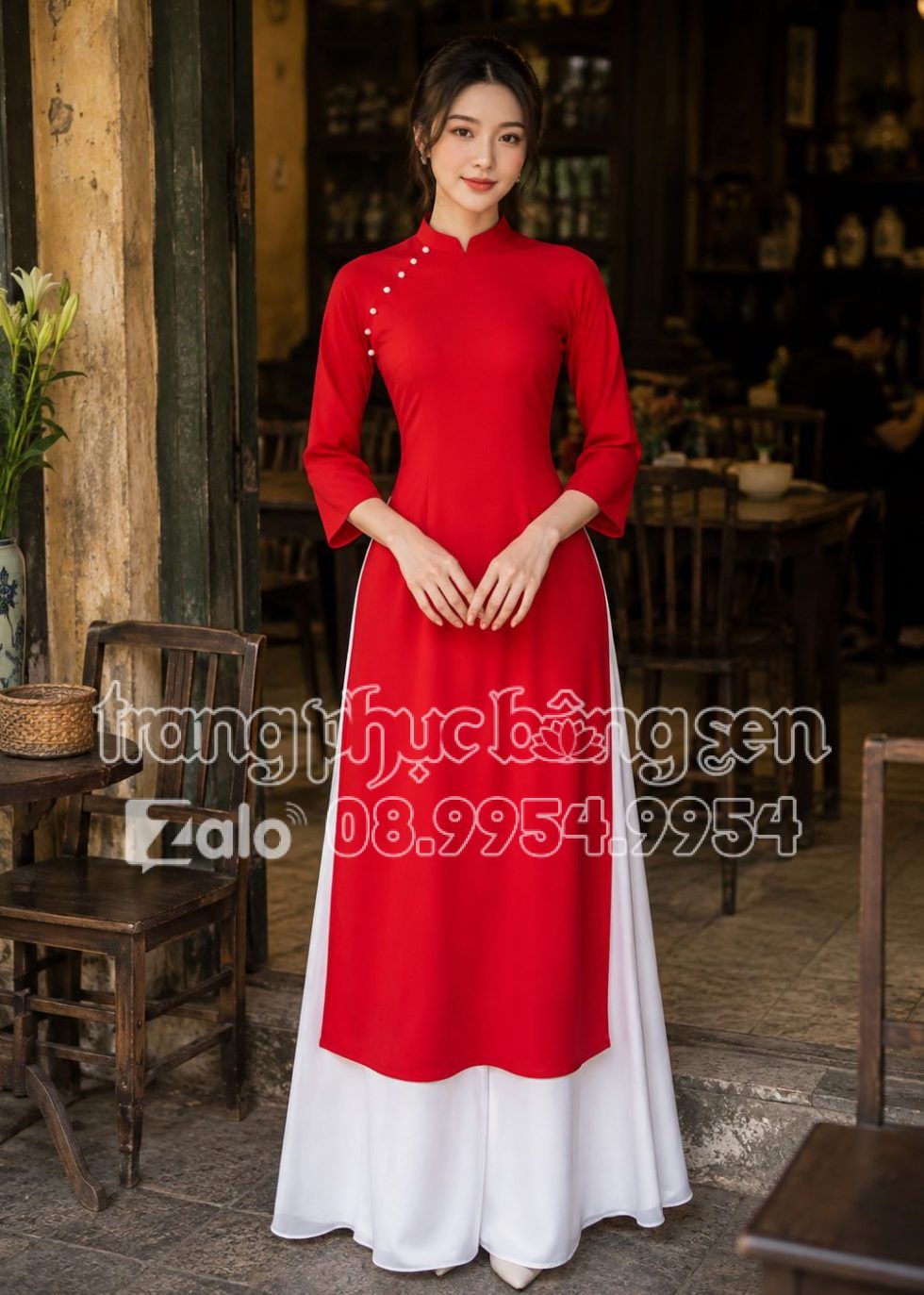 Shop cho thuê đồ áo dài lụa đỏ phối quần váy trắng