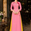 Shop cho thuê đồ áo dài lụa hồng thêu hoa ruy băng