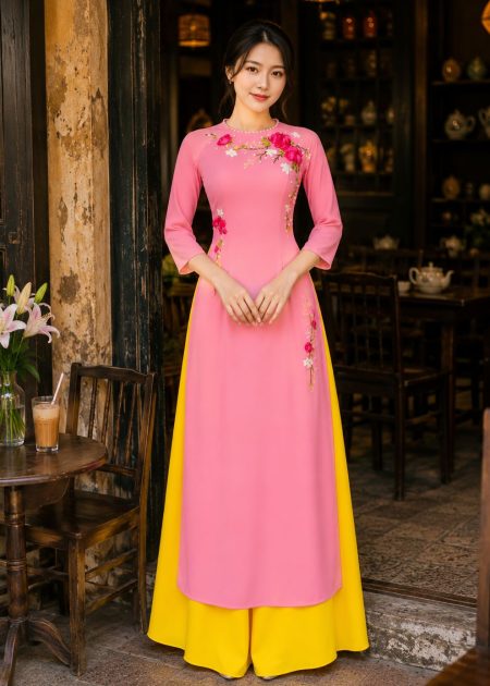 Shop cho thuê đồ áo dài lụa hồng thêu hoa ruy băng