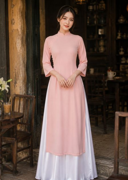 Shop cho thuê đồ áo dài lụa hường phối quần váy trắng