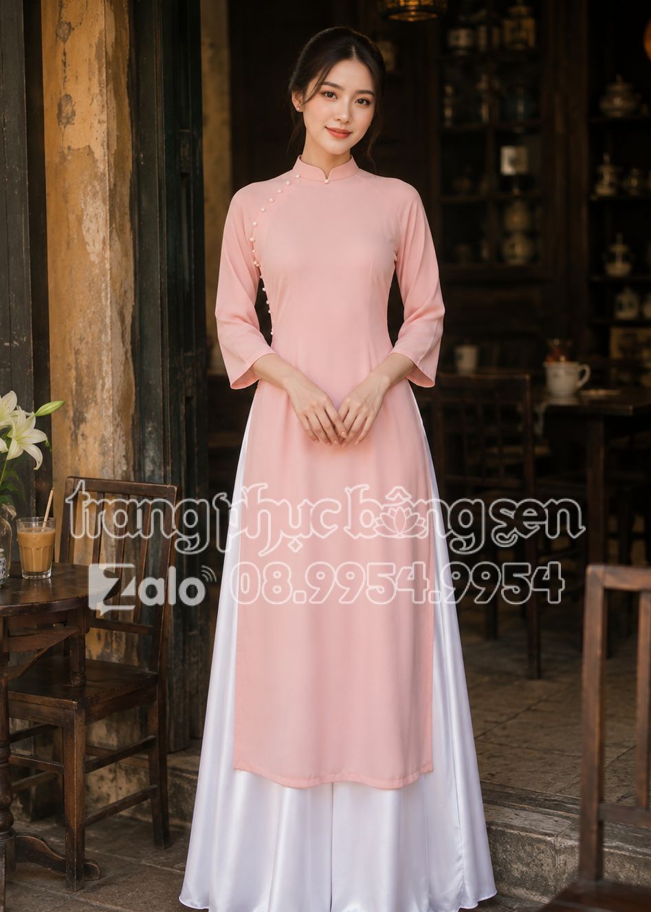 Shop cho thuê đồ áo dài lụa hường phối quần váy trắng