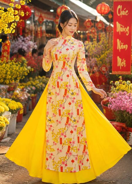 shop cho thuê đồ áo dài lụa trắng in mai đào