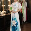Shop cho thuê đồ áo dài sen xanh ngọc tay phồng 2 lớp
