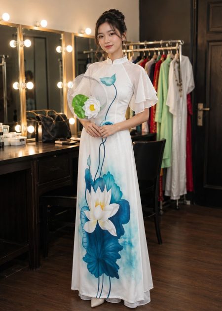 Shop cho thuê đồ áo dài sen xanh ngọc tay phồng 2 lớp