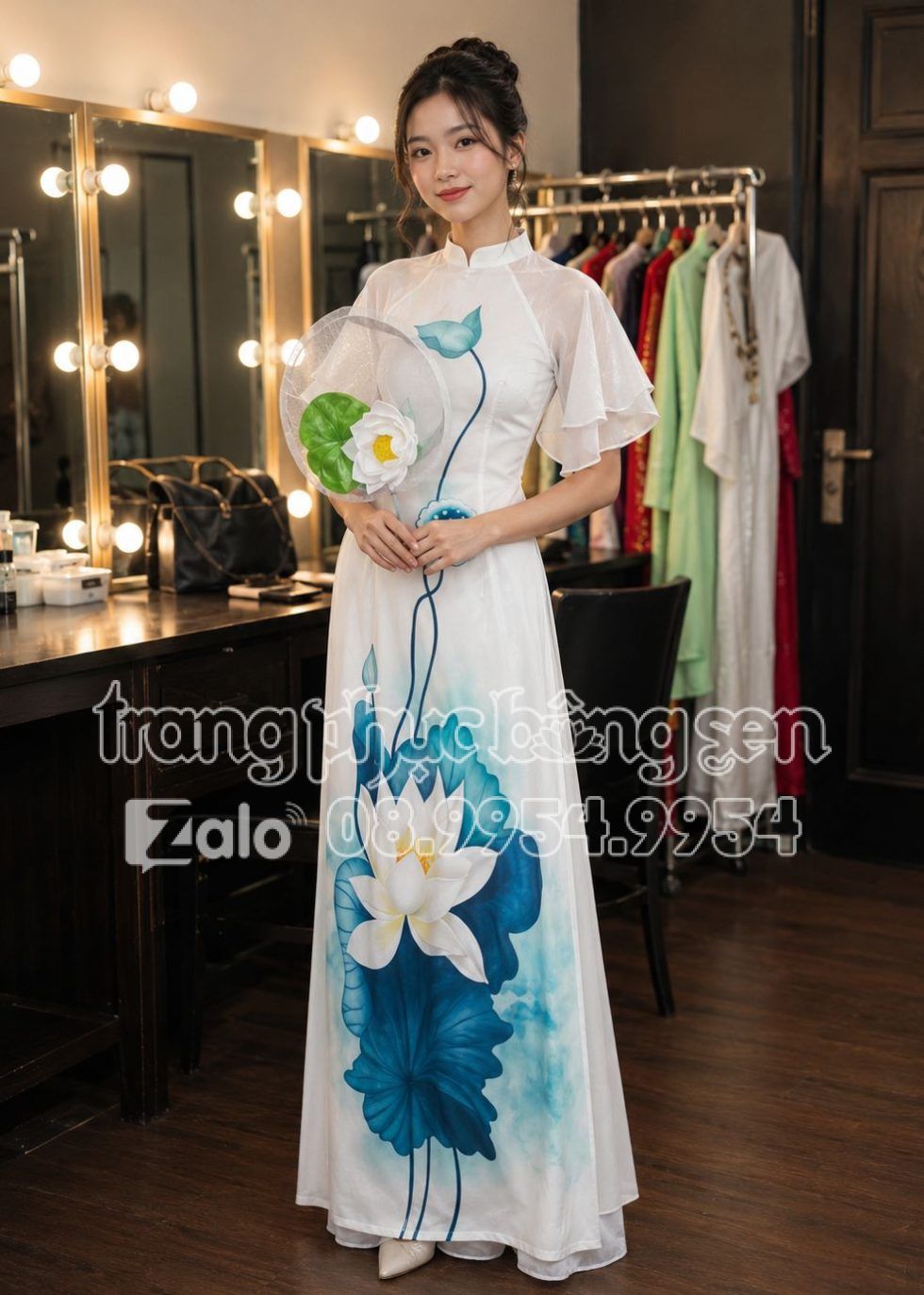 Shop cho thuê đồ áo dài sen xanh ngọc tay phồng 2 lớp