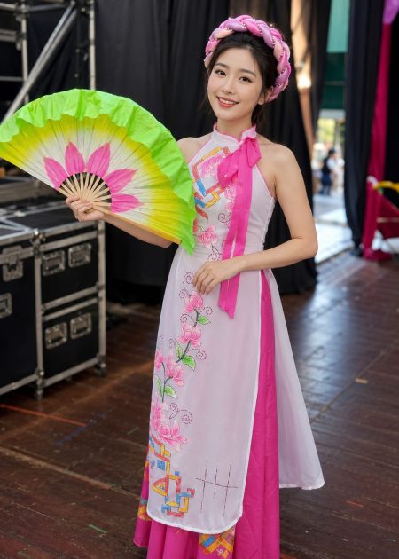 Shop cho thuê đồ áo dài trắng cổ trụ cột nơ tay sát nách