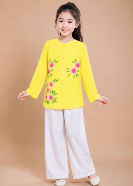 thuê áo bà ba trẻ em màu vàng hoa vẽ