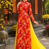 thuê áo dài biểu diễn lụa đỏ in mai đào