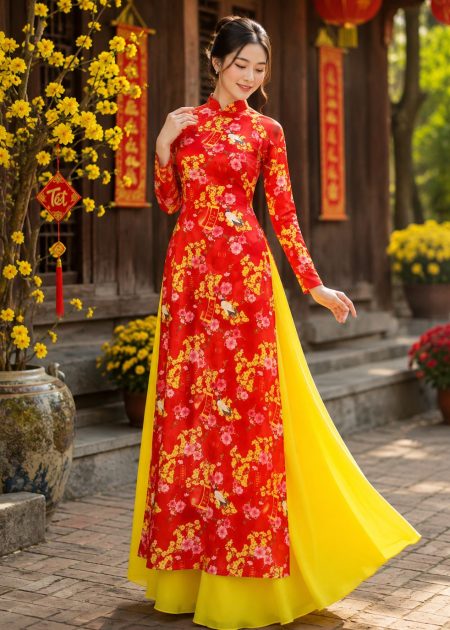 thuê áo dài biểu diễn lụa đỏ in mai đào