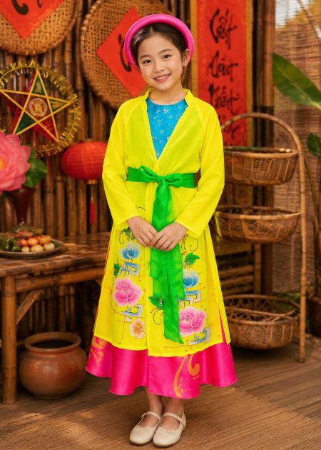 Thuê áo tứ thân vẽ mầm non vàng đụp hồng
