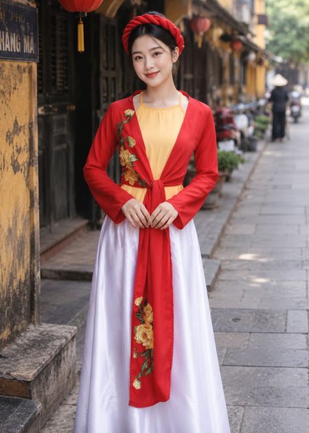thuê áo tứ thân hoa 3d màu đỏ
