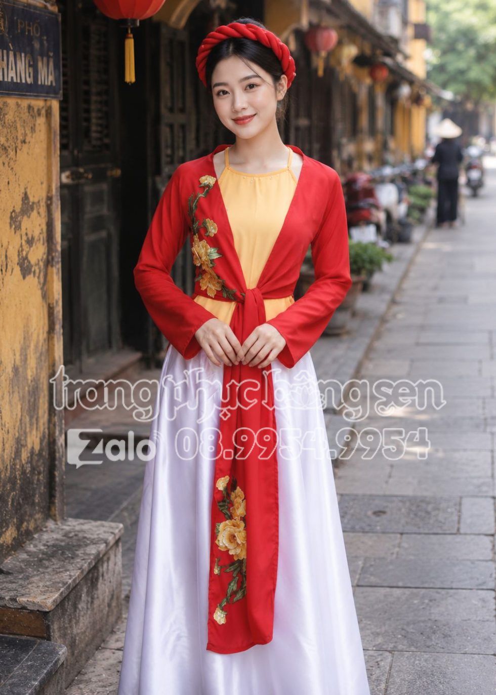 thuê áo tứ thân hoa 3d màu đỏ