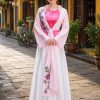 thuê áo tứ thân hoa 3d màu hồng phấn