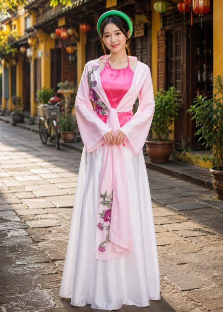 thuê áo tứ thân hoa 3d màu hồng phấn