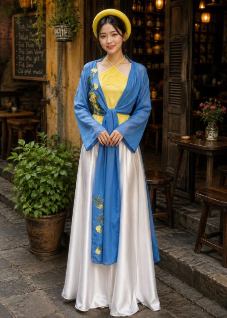 thuê áo tứ thân trang phục tứ thân hoa 3d màu xanh dương