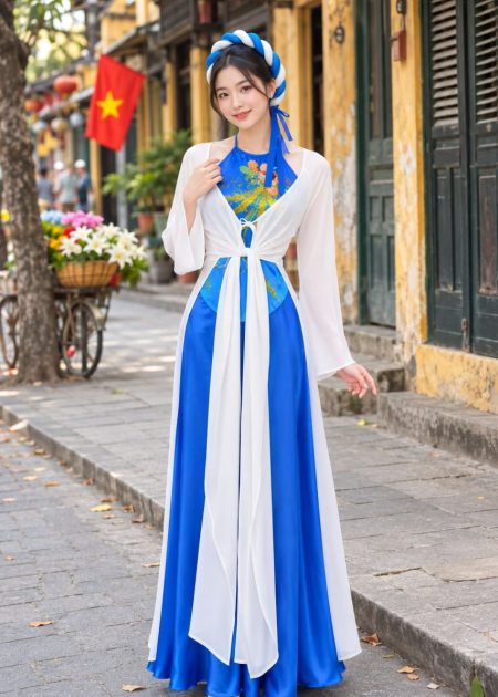 thuê áo tứ thân lụa trắng phối xanh dương