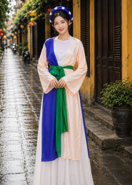 thuê áo tứ thân phi trơn hồng phấn xanh dương