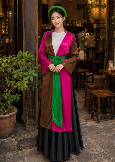 thuê áo tứ thân phi trơn hồng sen nâu