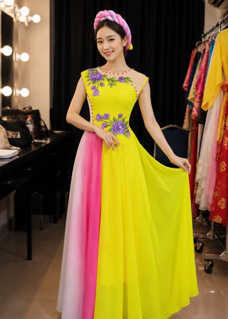 thuê đầm ca hát múa vàng hoa 3D tím
