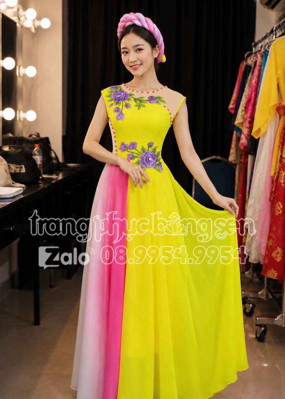 thuê đầm ca hát múa vàng hoa 3D tím