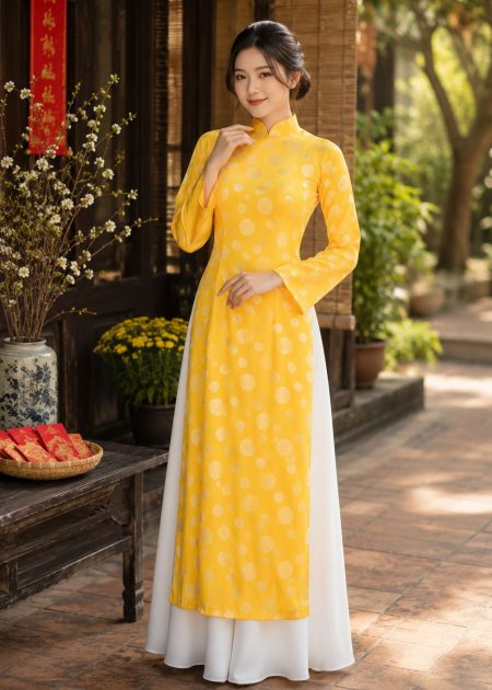 thuê đồ biểu diễn áo dài gấm đồng tiền vàng