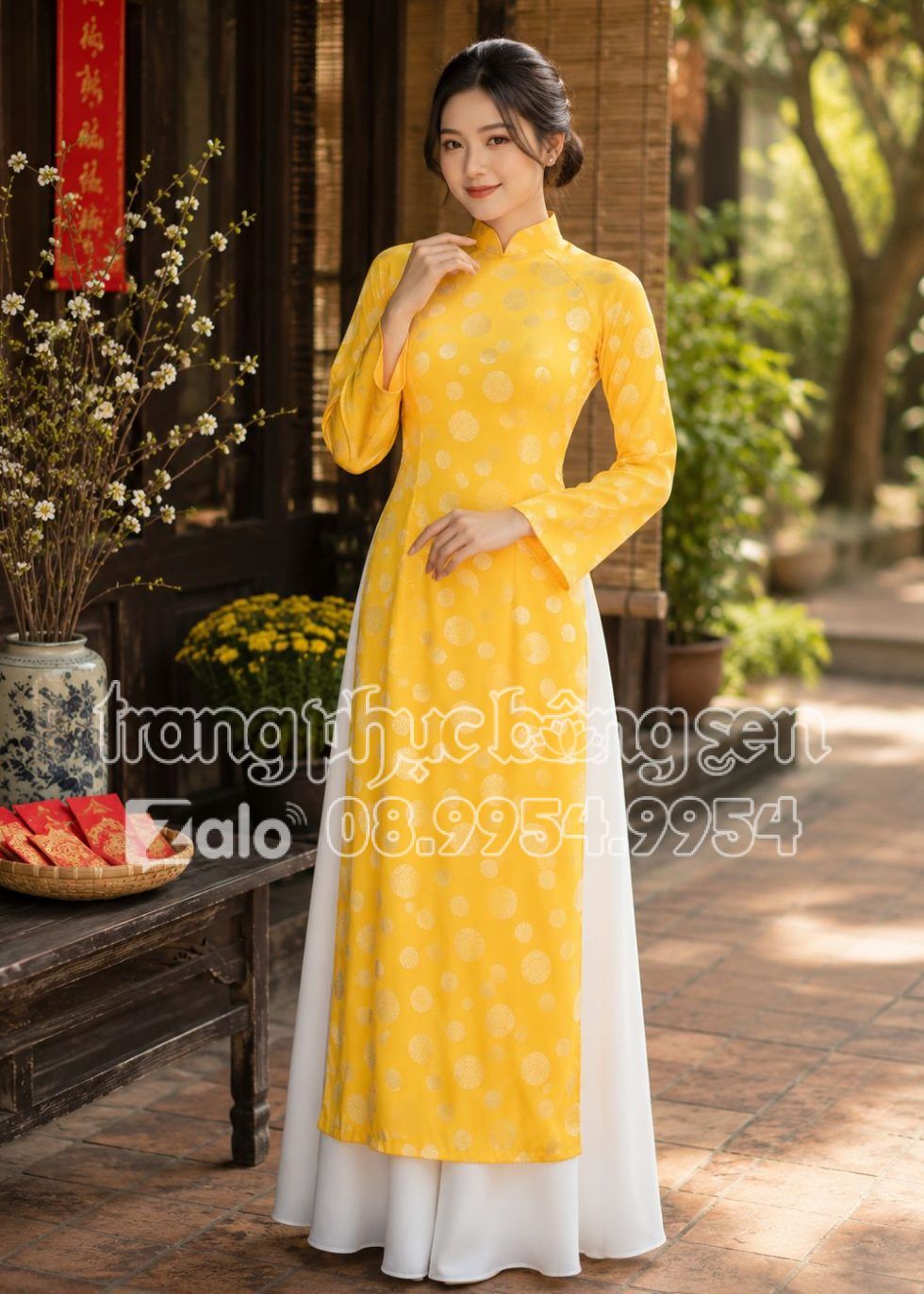 thuê đồ biểu diễn áo dài gấm đồng tiền vàng
