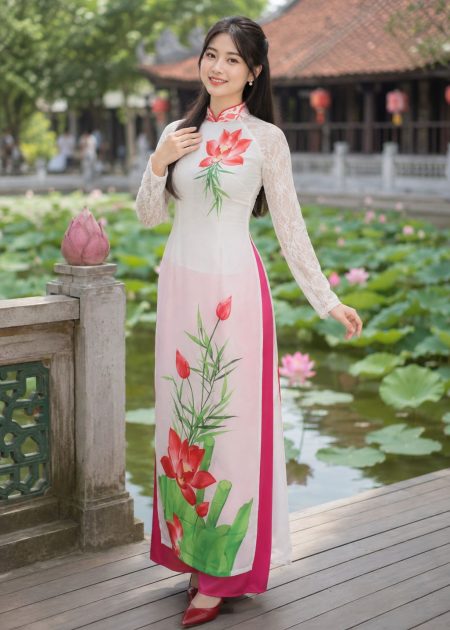 Thuê đồ biểu diễn áo dài trắng sen đỏ tay ren