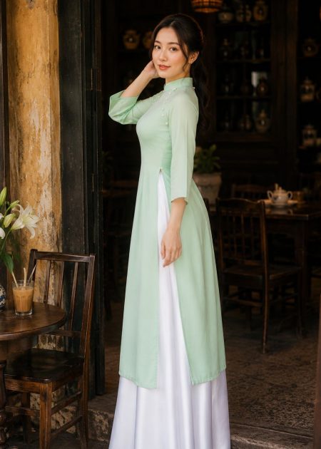 Thuê đồ biểu diễn áo dài lụa xanh pastel phối quần váy trắng