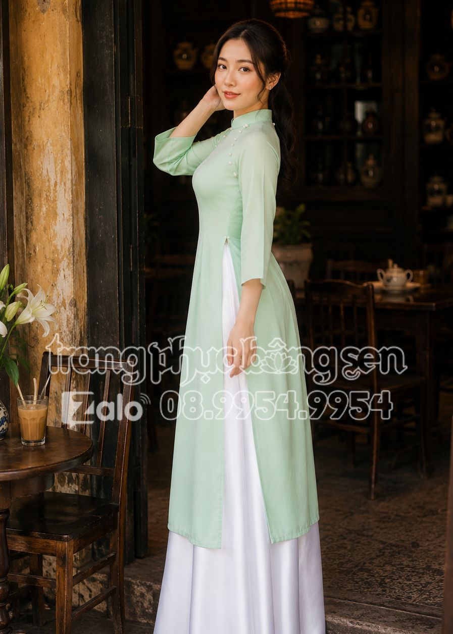 Thuê đồ biểu diễn áo dài lụa xanh pastel phối quần váy trắng