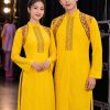 Thuê đồ biểu diễn trang phục áo dài nam nữ múa hát sử ca Âu Lạc màu vàng đồng