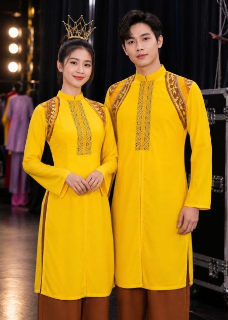 Thuê đồ biểu diễn trang phục áo dài nam nữ múa hát sử ca Âu Lạc màu vàng đồng
