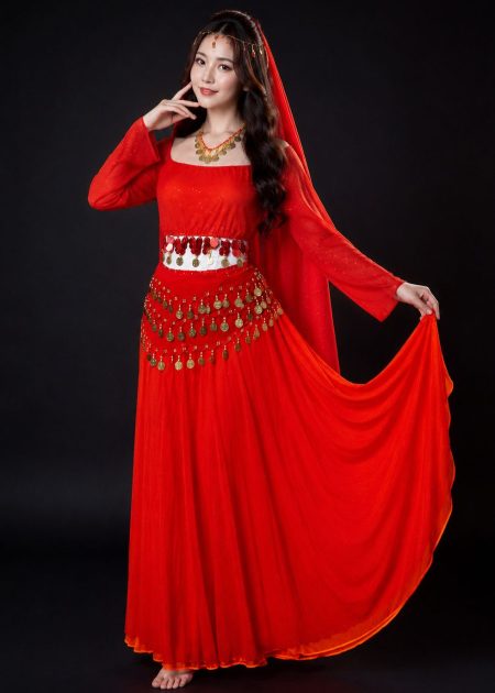 thuê đồ múa - trang phục múa bụng belly dance đỏ cam