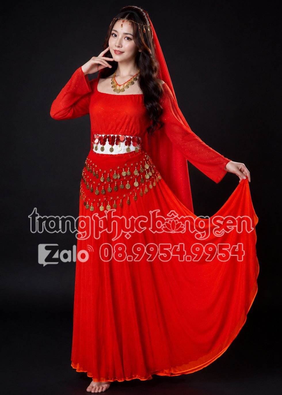 thuê đồ múa - trang phục múa bụng belly dance đỏ cam