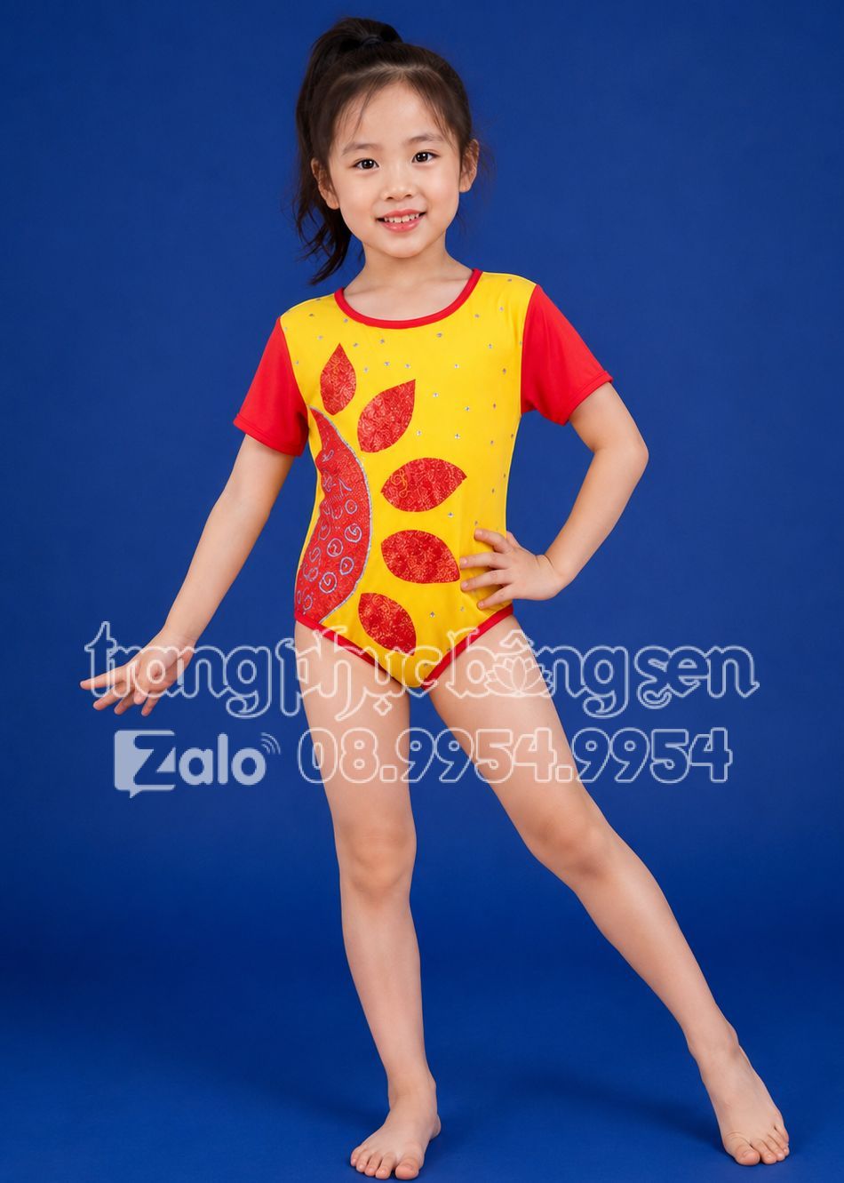 thuê đồ nhảy aerobic mầm non nam vàng tay đỏ vẽ hoa hướng dương