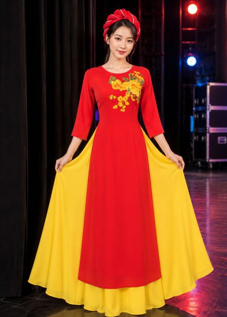 Thuê đồ văn nghệ áo dài lụa đỏ cổ tròn tay lỡ ngực hoa 3D