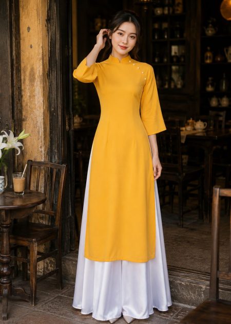 Thuê đồ văn nghệ áo dài lụa vàng đồng phối quần váy trắng