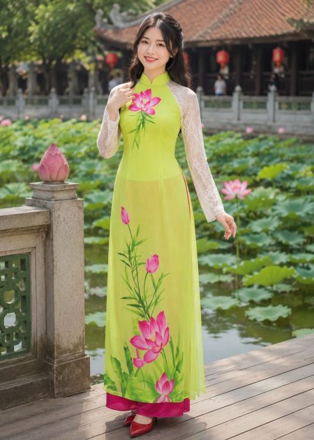 Thuê đồ văn nghệ áo dài xanh cốm sen hồng tay ren