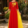 Thuê đồ văn nghệ áo dài chiffon đỏ kết hoa 3D vàng