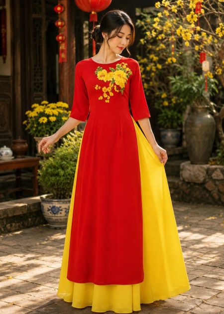 Thuê đồ văn nghệ áo dài chiffon đỏ kết hoa 3D vàng