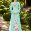 Thuê đồ văn nghệ áo dài lụa xanh ngọc hoa đào