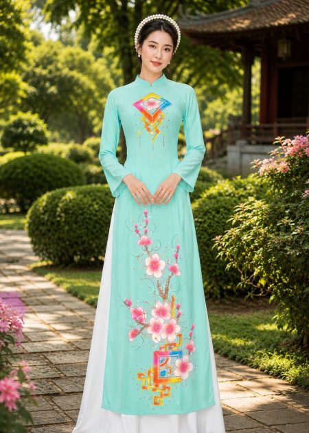 Thuê đồ văn nghệ áo dài lụa xanh ngọc hoa đào