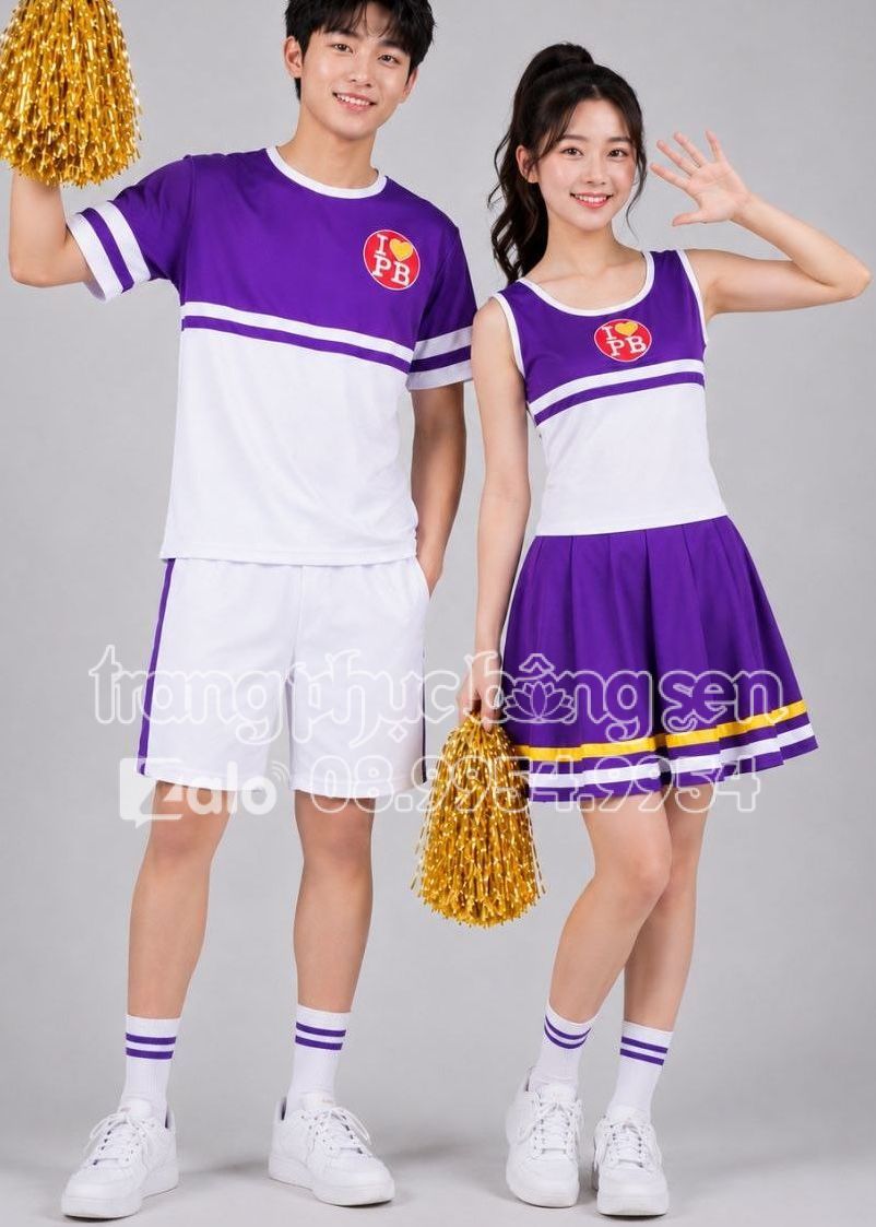 Trang phục nhảy cổ động trắng phối tím - thuê trang phục nhảy