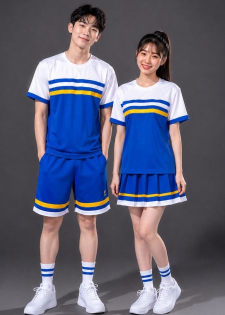 thuê trang phục nhảy đồ múa cổ động nam trắng xanh sọc ngang