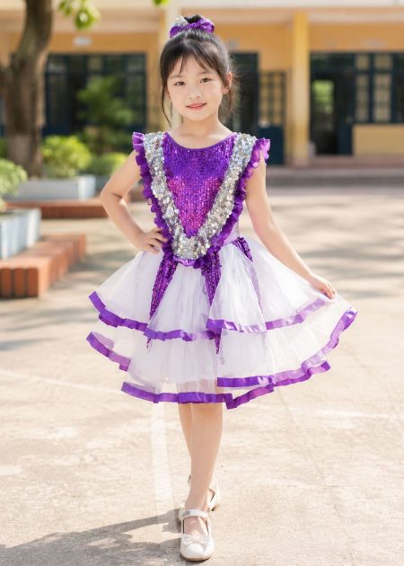 thuê váy múa kim sa trẻ em tím bèo cổ chữ V