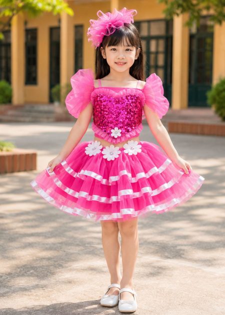 thuê váy múa mầm non kim sa hồng 3 tầng