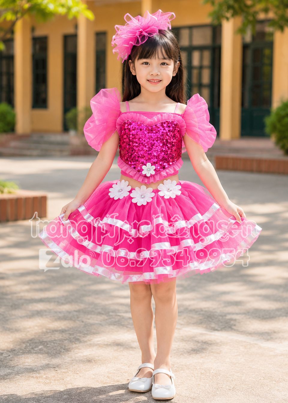 thuê váy múa mầm non kim sa hồng 3 tầng