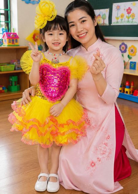 thuê váy múa mầm non kim sa vàng ngực tim hồng